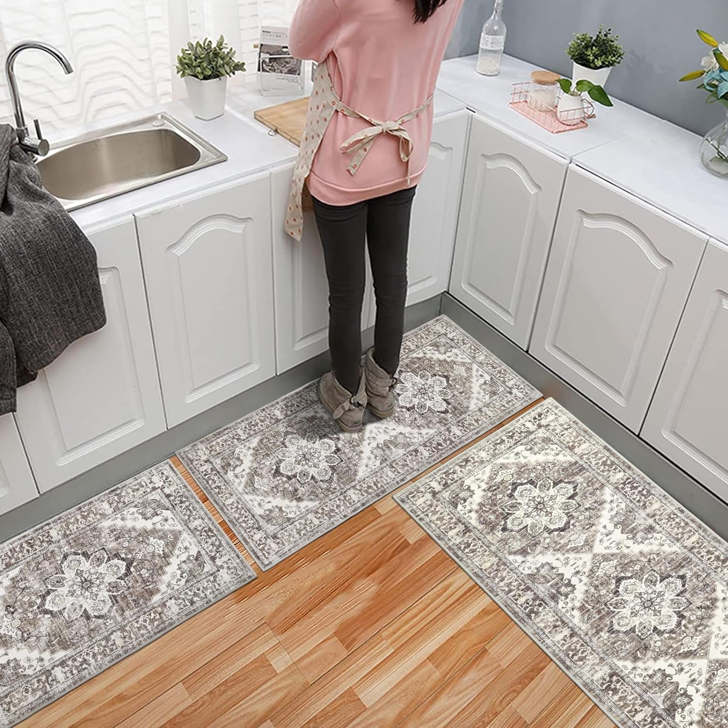 Kitchen Rug and Mat, Yamaziot Boho Kitchen Rug Set of 3, Non Slip Washable Farmhouse Floor Mat Hallway Runner, Laundry Room Carpet