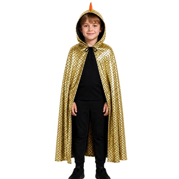 Dino Cape Costume, Dinosaur Sequin Cape, Costume Hood Horns, Hooded Cape for Ki'Ds | Chil-Dren's Cloak With Hood for Halloween, Costumes, Medieval, Renaissance, Cosplay and More, Red M