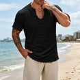 thumbnail image 3 of FRSASU Men's Cotton Linen T-Shirts V-Neck Raw Edge Washed Distressed Shirts Summer Short Sleeve Solid Loose Beach Tee Tops Black, 3 of 5