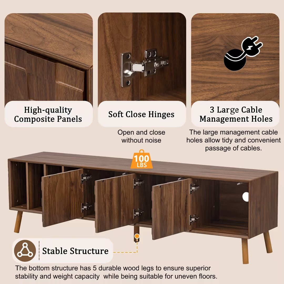 Euroco 70" Mid-Century Modern TV Stand, Media Console Table for TVs up to 80'', Entertainment Center with 5 Solid Wood Legs for Living Room, Bedroom