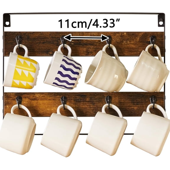 Wall-Mount Coffee Mug Rack Set of 3, Rustic Wood 24-Hook Holder, Space-Saving Display Organizer for Kitchen, Home, Bar & Coffee Station, Rustic Brown