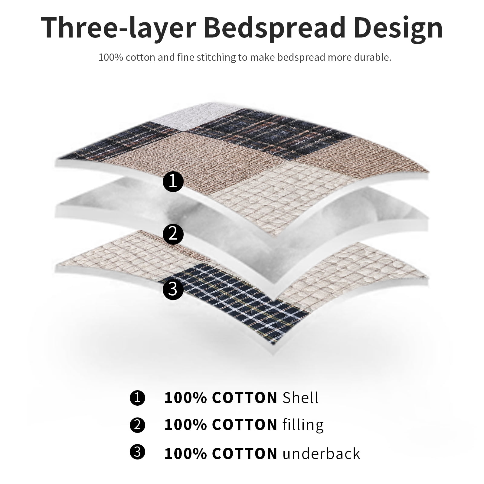 DDUOXIN Real Patchwork Plaid Cotton Quilt - 100% Cotton King Size Quilt, Lightweight Brown Black Beige Rustic Quilts Bedspread for King Bed, Neutral Reversible Coverlet/Comforter Set, 3 Piece, 98x106