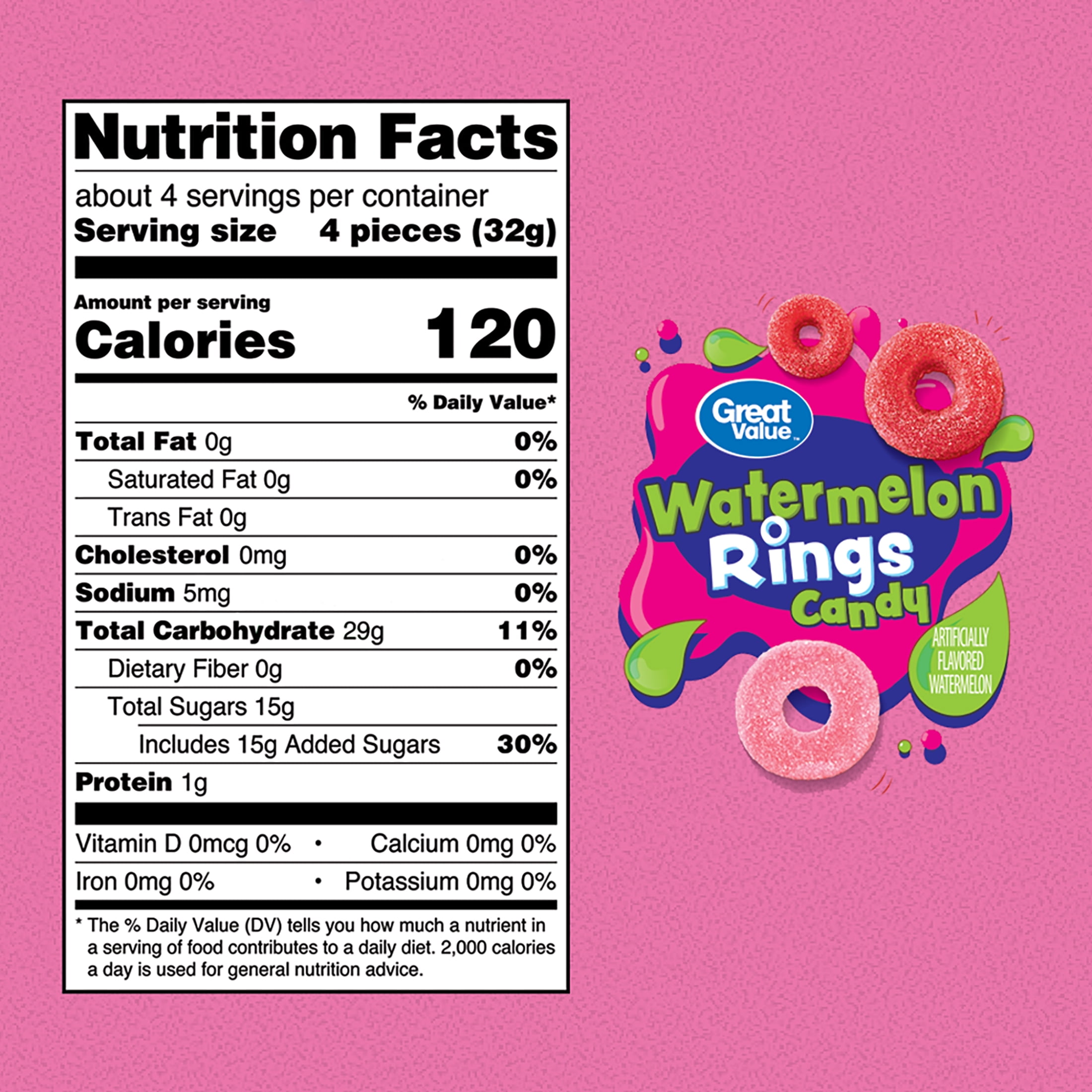 Great Value Watermelon Rings Gummy Candy, 4 oz