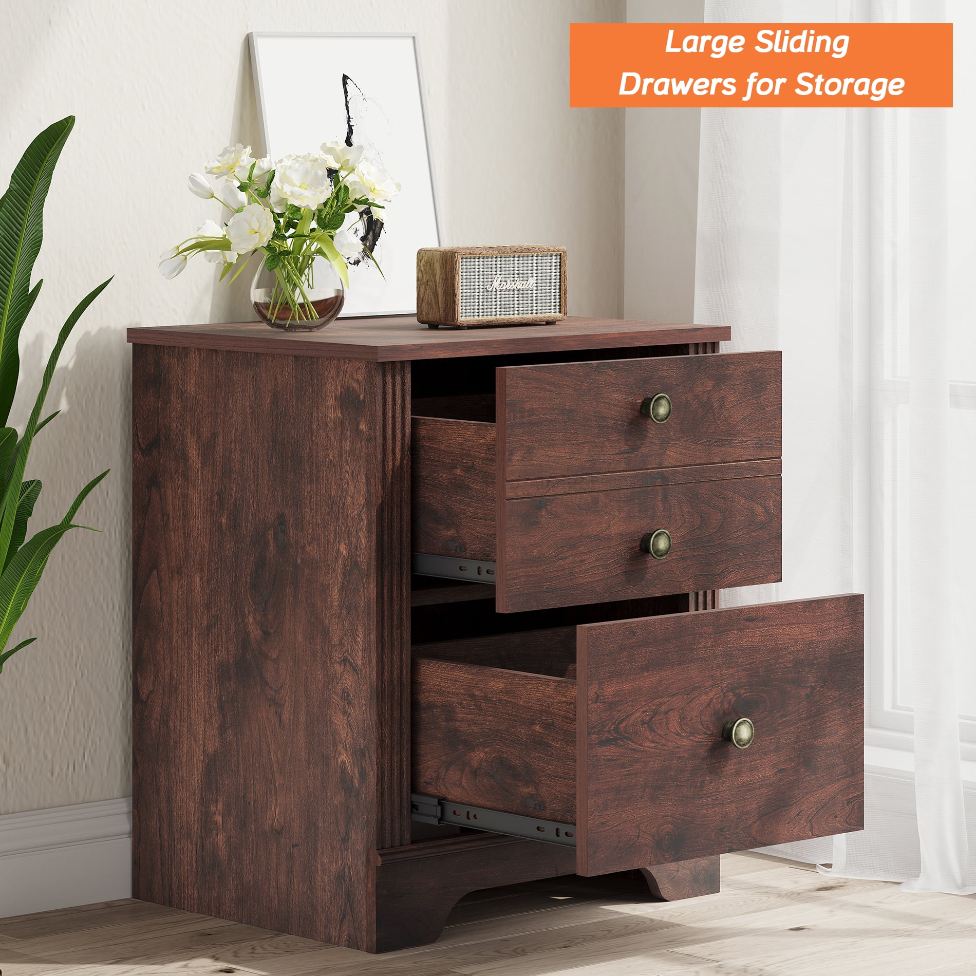 Traditional Side Table Set of 2, End Table with Two Sliding Large Drawers for Bedroom, Rustic Brown