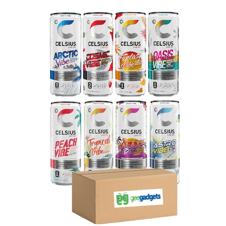 CELSIUS Sparkling Functional Essential Energy Drink Variety Pack, 12 Fl Oz (Arctic Vibe, Astro Vibe, Cosmic Vibe, Fantasy Vibe, Galaxy Vibe, Oasis Vibe, Peach Vibe, Tropical Vibe) Pack of 8