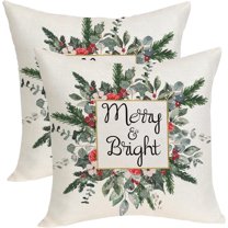 Merry Christmas Pillow Covers 18x18 Inch Pack of 2,Green Christmas Watercolor Holly Berry Throw Pillow Covers Winter Christmas Decor Linen Pillowcase Farmhouse Cushion Case for Sofa Couch Bed