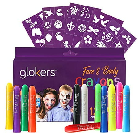 Glokers Face and Body Crayons Set | 12 Colors Washable, Non-Toxic and Hypoallergenic Paint Sticks | Sweat Proof Painting Markers for Children and Adult Costume, Halloween Parties | Bonus 50 Stencils