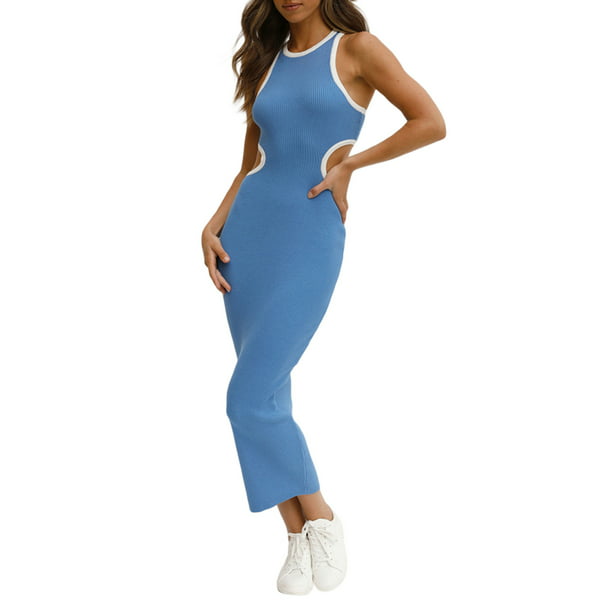 Gwiyeopda Women Cut Out Knitted Round Neck Ribbed Backless Bodycon
