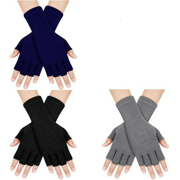 3 Pairs No-Finger Gloves Half Finger Gloves Winter Warm Gloves Knitted Stretchy Gloves with Long Wrist Cuff Knit Mittens for Women Men