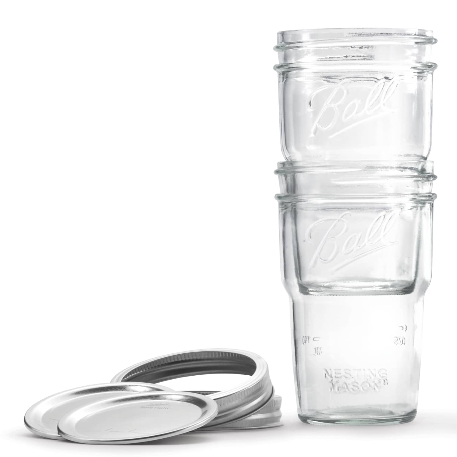 (2 pack) Ball Nesting Mason Jar Set with Lids & Bands for Canning or Drinkware, Wide Mouth, Pint, 4-Pack