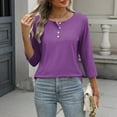 thumbnail image 5 of YHAJDS Women's Long Sleeve Tops Solid Color Round Neck Button 3/4 Sleeve Loose T Shirt Top For Fall Winter, 5 of 5