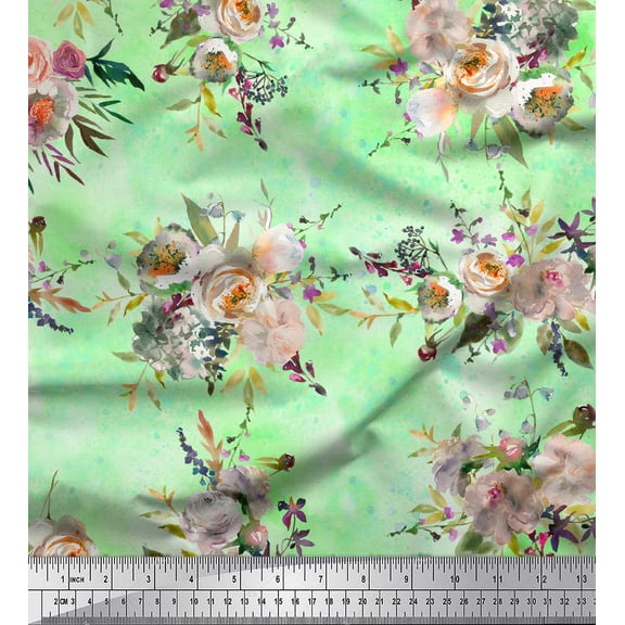 Soimoi Green Cotton Duck Fabric Leaves & Ranunculus Floral Fabric Prints By Yard 42 Inch Wide