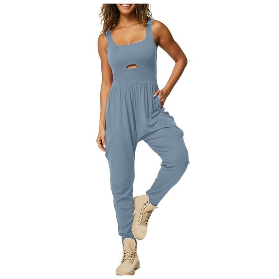 CheerKidz Women's Hollow Out Casual Jumpsuit,Solid Color Loose Fit Romper with Breathable Cutout Design(Sky Blue,L)