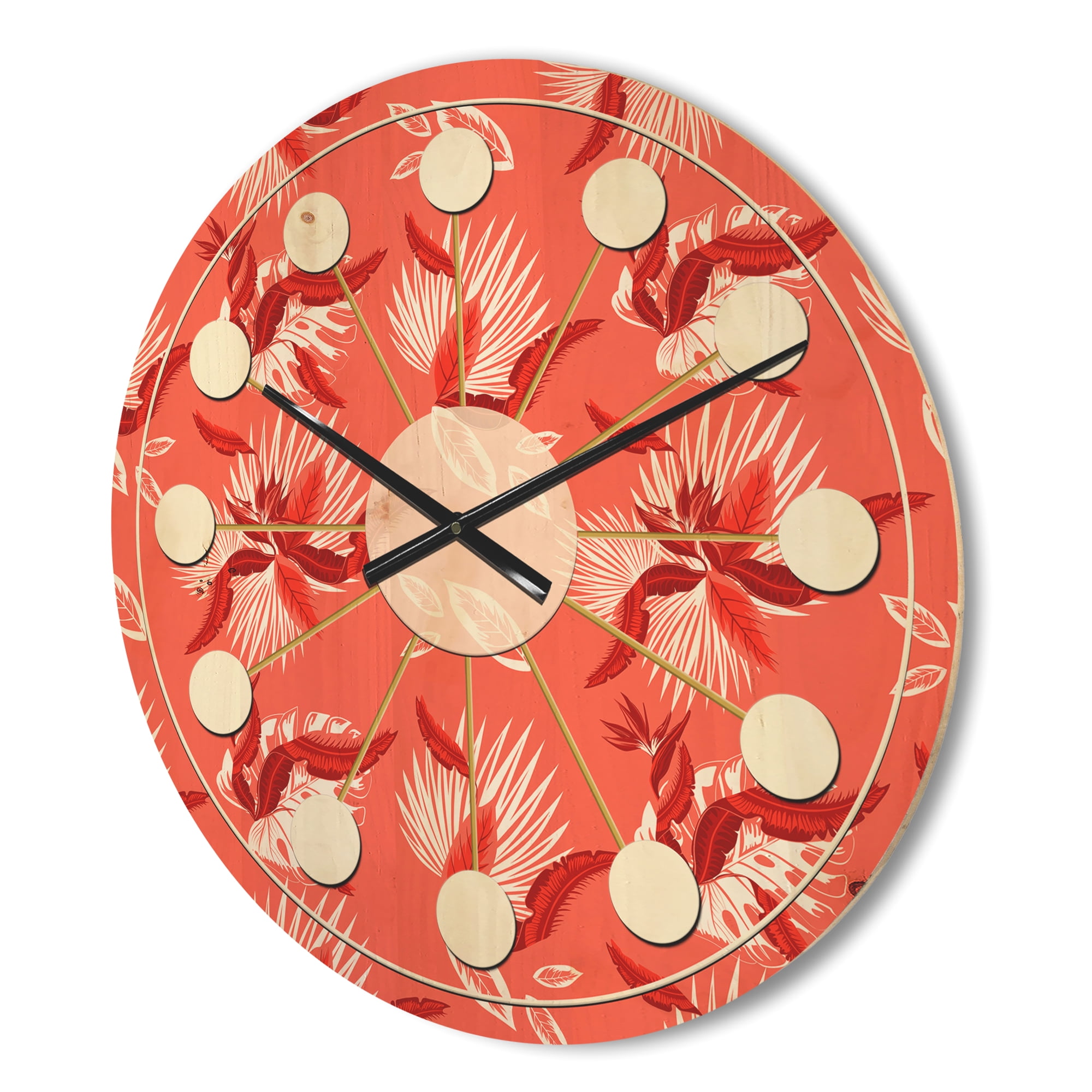 Designart 'Red Flowers Of Bird Of Paradise ' Mid-Century Modern Wood Wall Clock