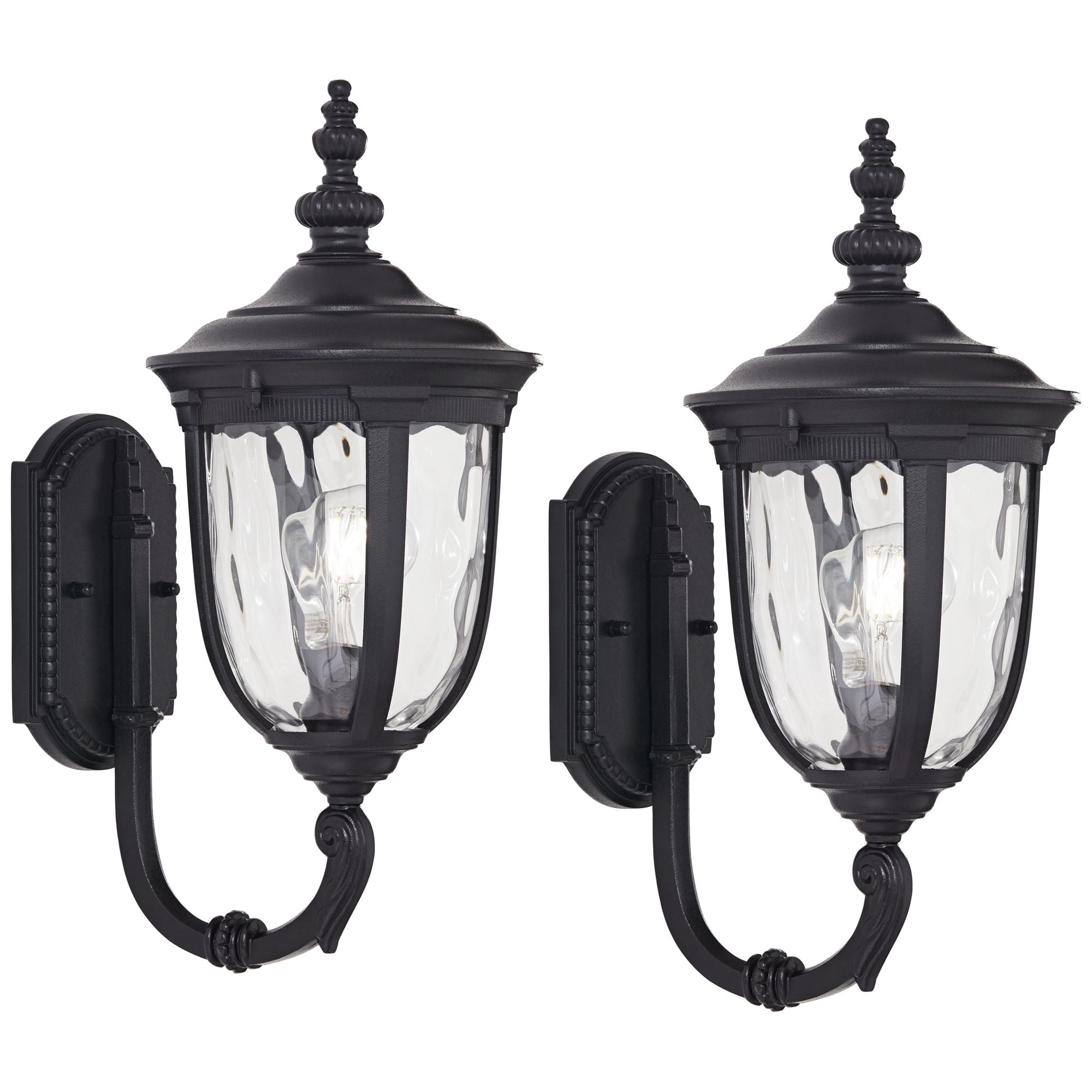 John Timberland Bellagio Vintage Outdoor Wall Light Fixtures Set of 2 Textured Black Metal 16 1/2" Clear Hammered Glass Post Exterior Barn