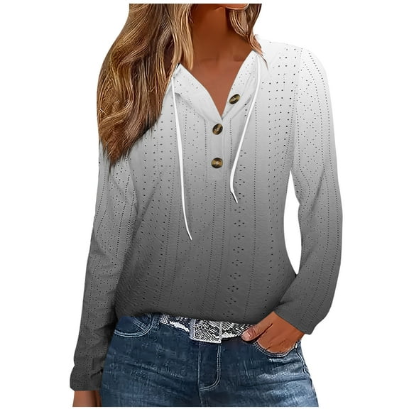 ShiShine Womens Eyelets Hoodies Loose Button Up V Neck Long Sleeve Sweatshirts Fall Casual Gradient Pullover Tops