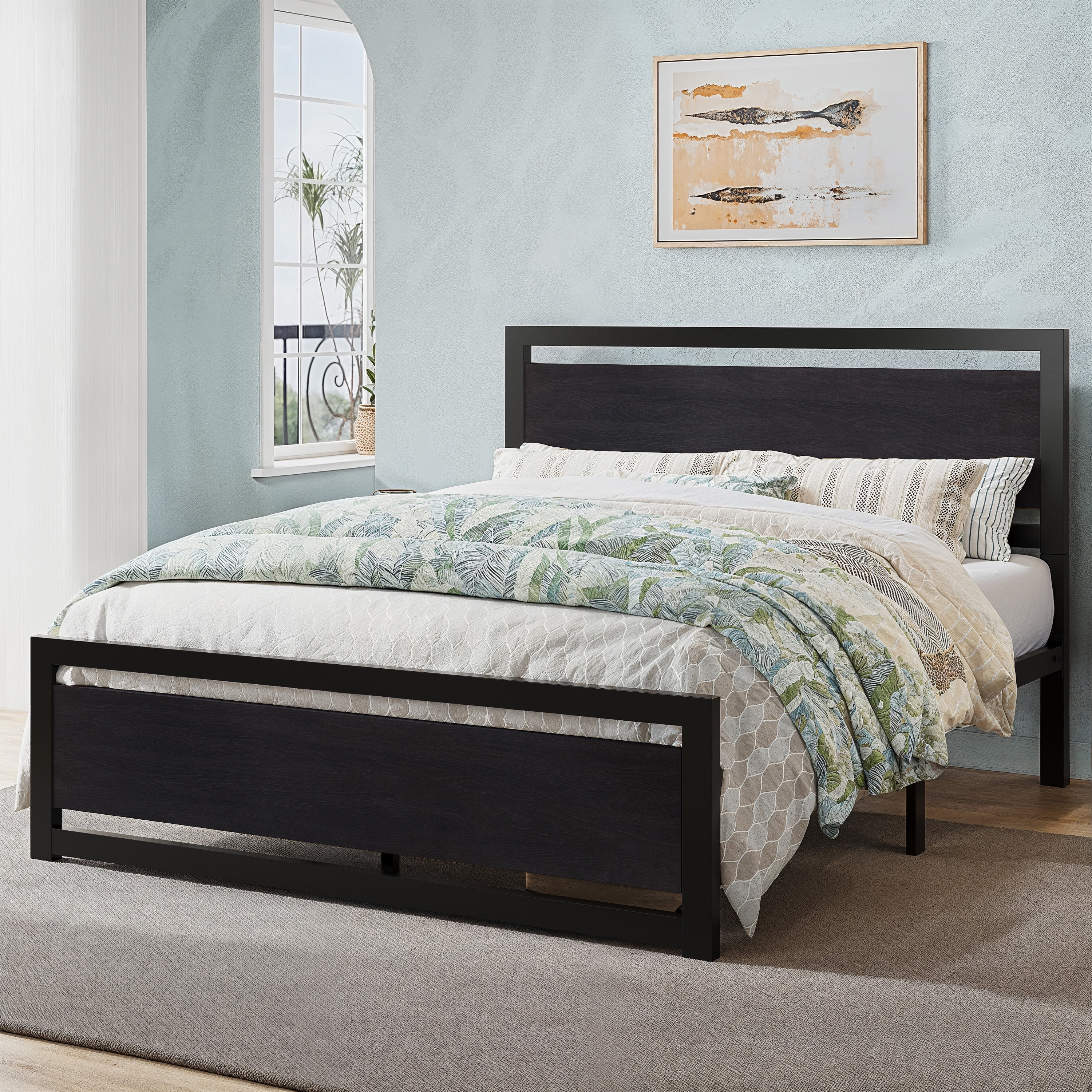 Allewie Full Bed Frame, Metal Platform Bed Frame with Wooden Headboard, 12.4" Under-Bed Storage, Black
