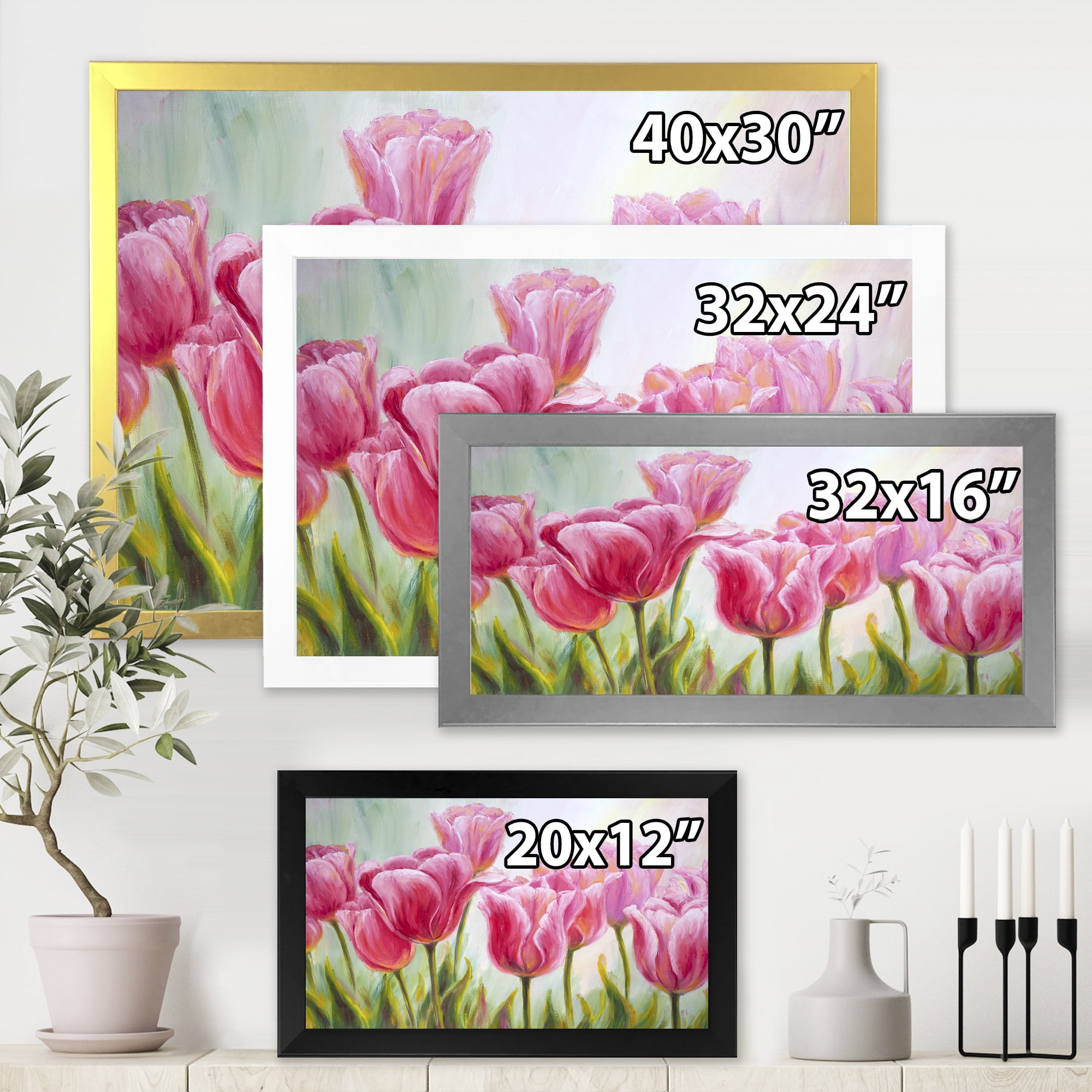 Designart 'Blossoming Red and Pink Tulips Flowers ' Traditional Framed Art Print
