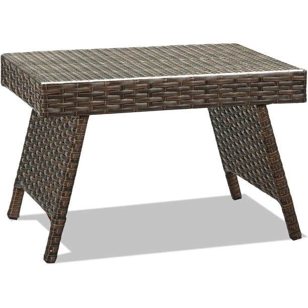 Outdoor Side Table, Portable Wicker Coffee Table with Rattan and Steel Frame, All Weather Pre-Assembled Coffee Furniture, Standing Folding Patio for Courtyard, Poolside, Garden (Brown)