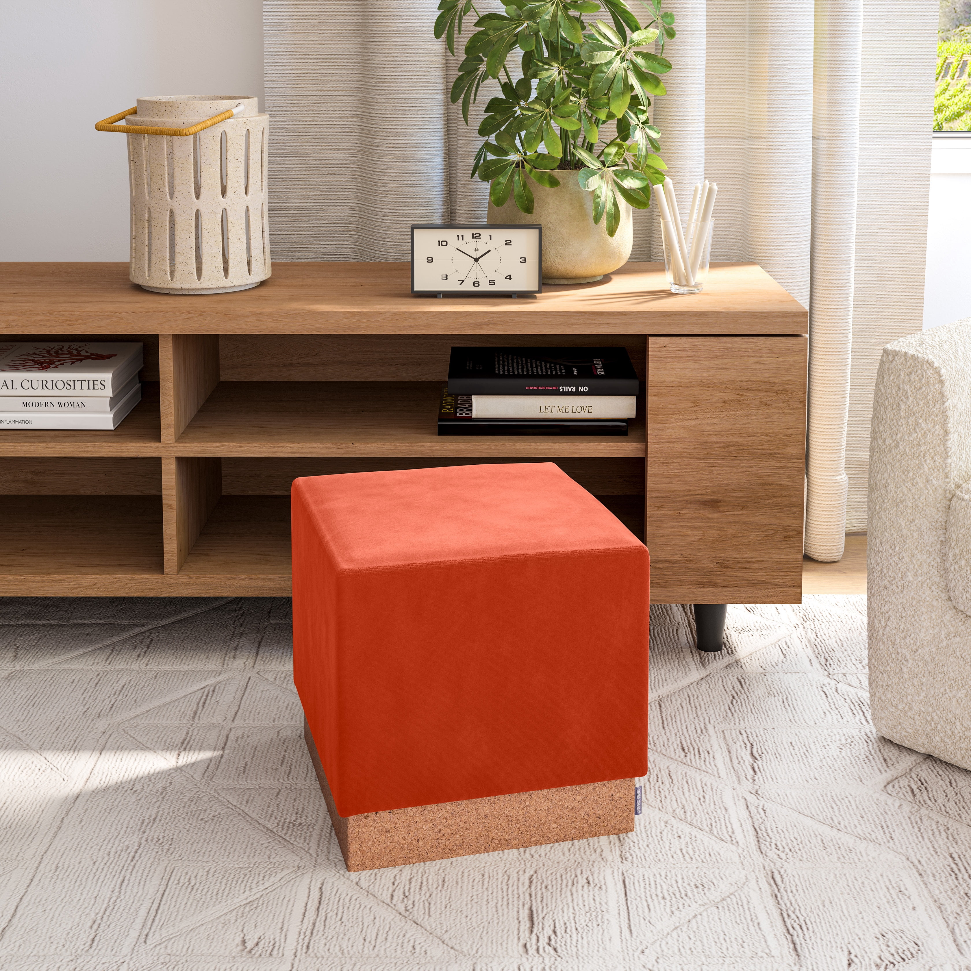 Seville Classics The Vineyard Collection Cork Storage Ottoman Cushioned Fabric, Padded Seat for Bedroom, Dorm, Loft, Living Room, Entryway, Hallway, Burnt Sienna, 15" Cube