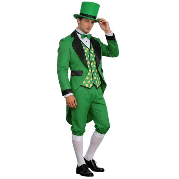 Men's St. Patrick's Day Party Suit Long Sleeve Shirt Pants Hat Bow Tie Four Piece Set Green XXL