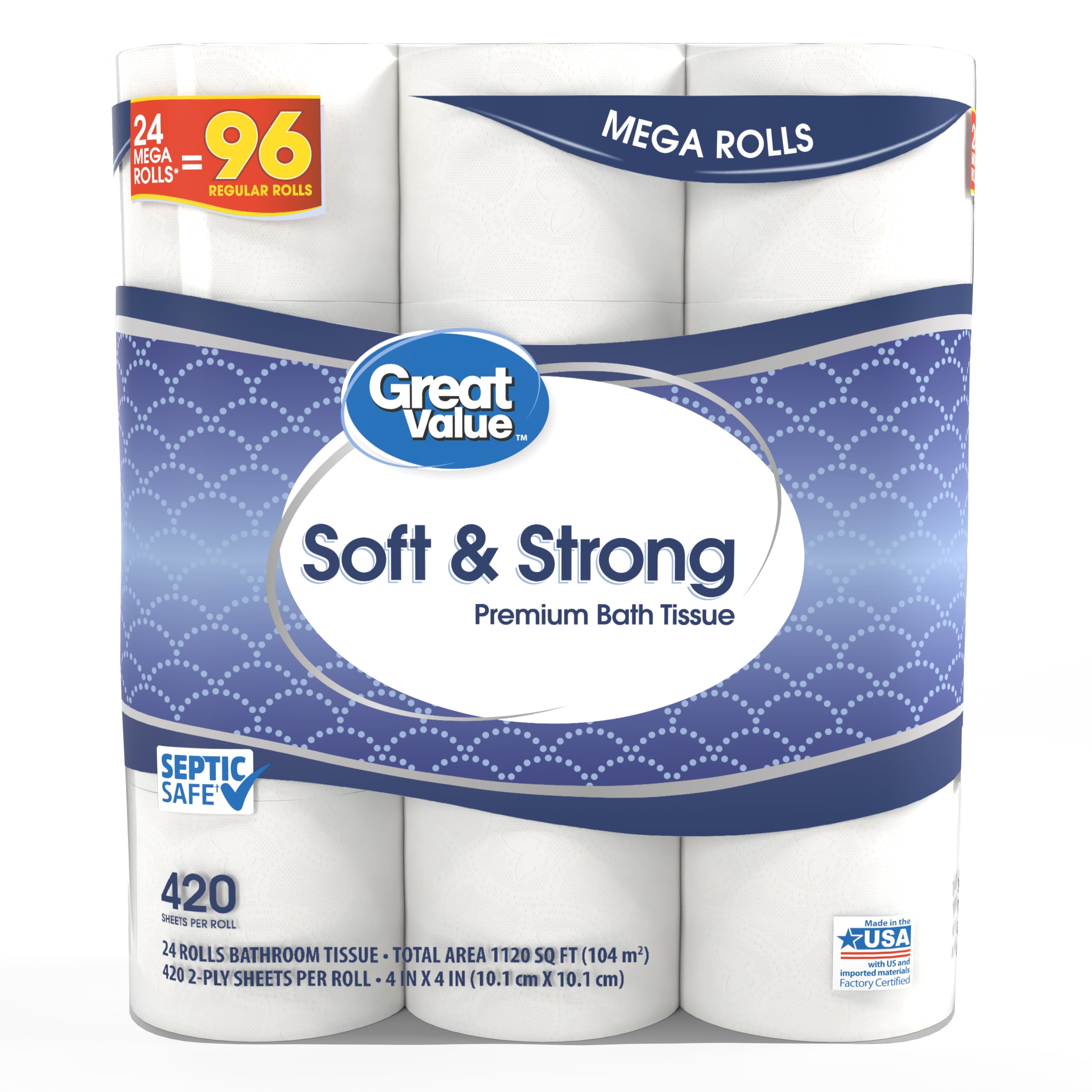 Great Value Soft & Strong Premium Toilet Paper, 24 Mega Rolls