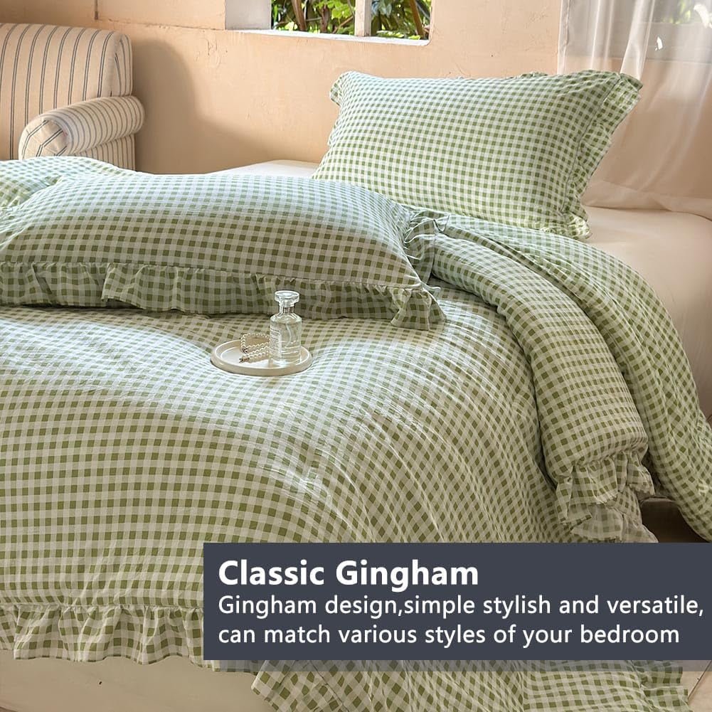 Sage Green Gingham Ruffle Queen Comforter Set, Green Ruffled Plaid Bedding Set, Ruffled Checked Bed Comforter 3 Pieces(Sage Green Gingham, Queen)