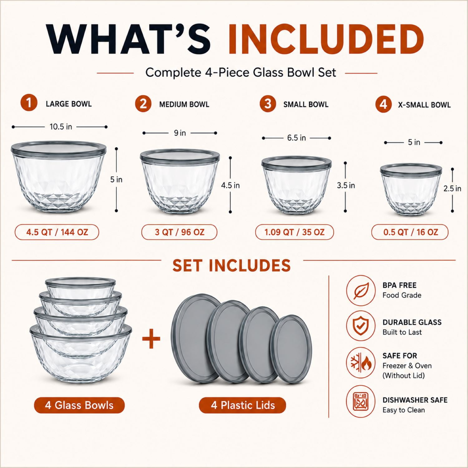 Sorbus 4-Piece Diamond Textured Glass Mixing Bowl Set with Lids, Assorted Sizes, BPA-Free