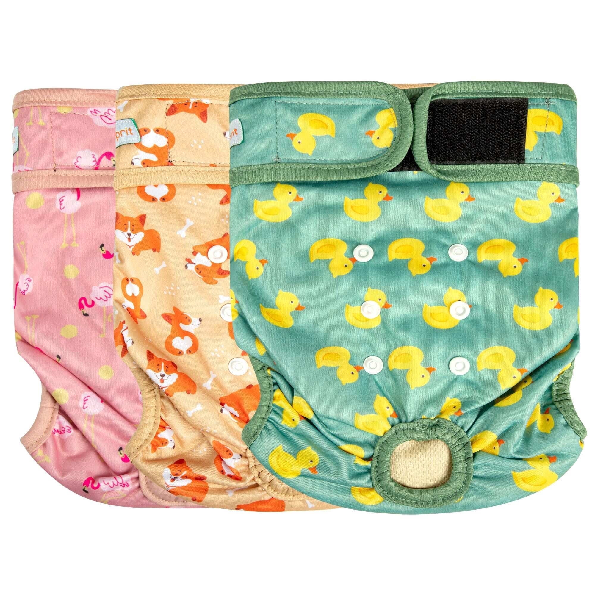 Langsprit Washable Female Dog Diapers (3 Pack) - No Leak Reusable Diapers for Doggy Female in Period - Highly Absorbent Dog Heat Panties with Adjustable Snaps,Flamingo Dog Duck,S