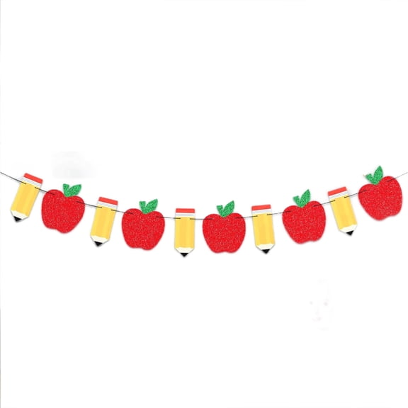 Orangide Back to School Glitter Apple Pencil Garland Banner, Prestrung Hanging Decor for Classroom First Day of School Party Supplies