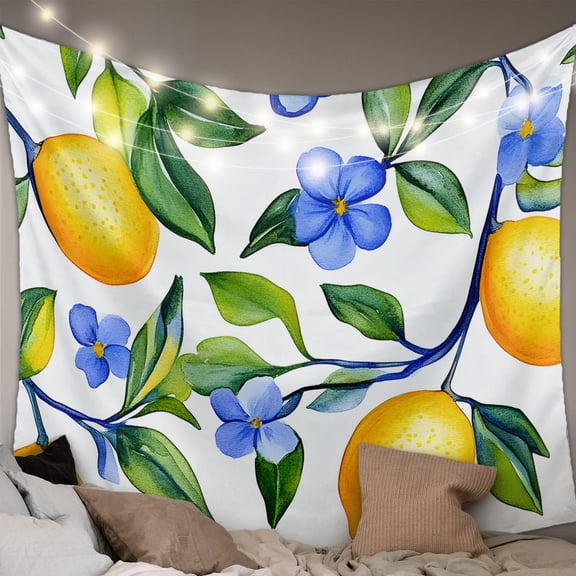 Yellow Lemon Large Tapestry for Bedroom Wall Hanging Tapestry,Blue Flower Botanical Blossom Motif Spring Ceiling Backdrop Tapestries Poster Blanket Wall Decor for Teens Room Living Room 85" x 90"