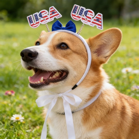 Patriotic Pet Headband for Small Dogs and Cats, Red White Blue Independence Day Hairband, Adjustable Holiday Photo Accessory for Party