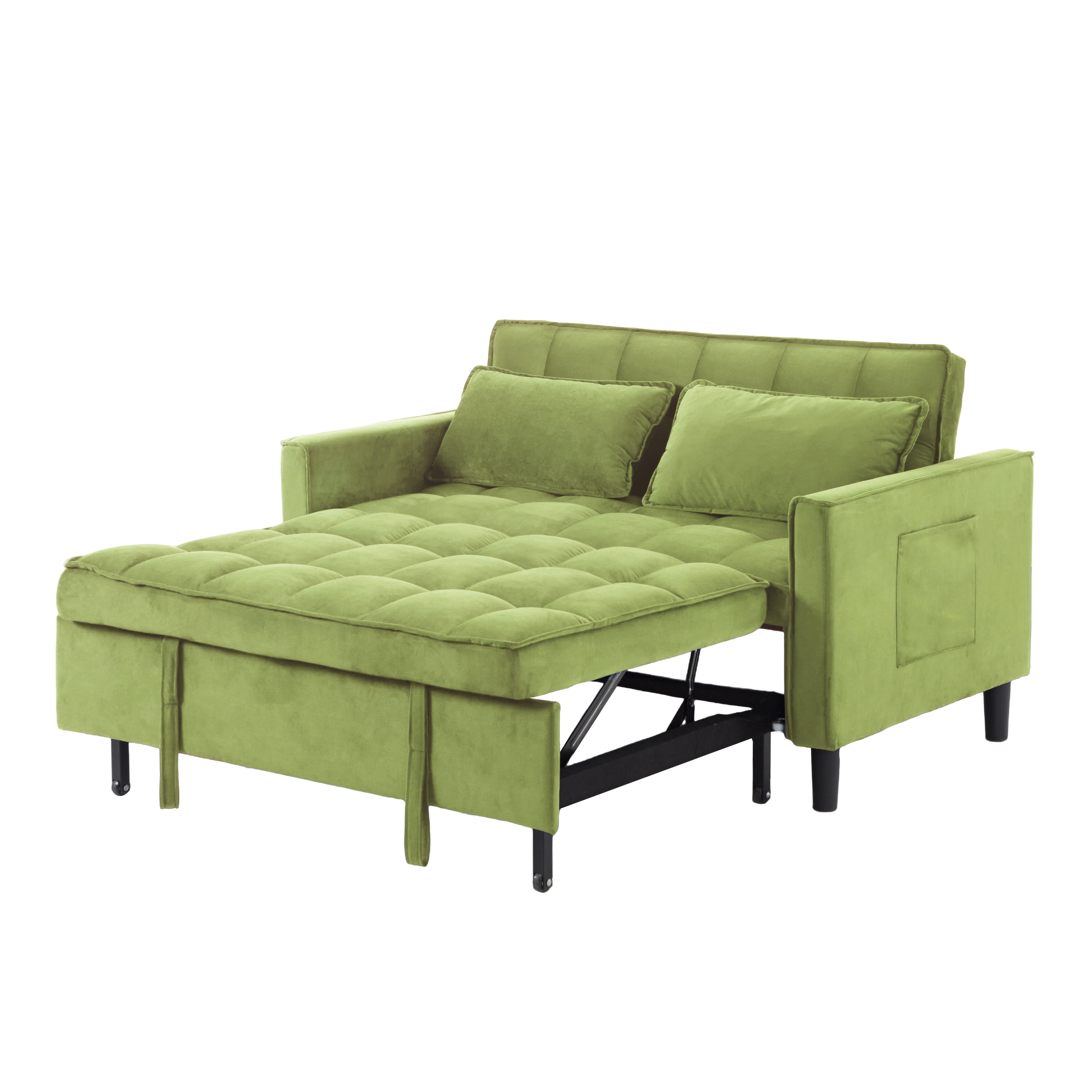 BSHTI 53.94" Pull-Out Sleeper Sofa Bed with Velvet Upholstery, 3-Position Reclining Back, Solid Wood Frame for Apartment/Office, Office（Olive Green）