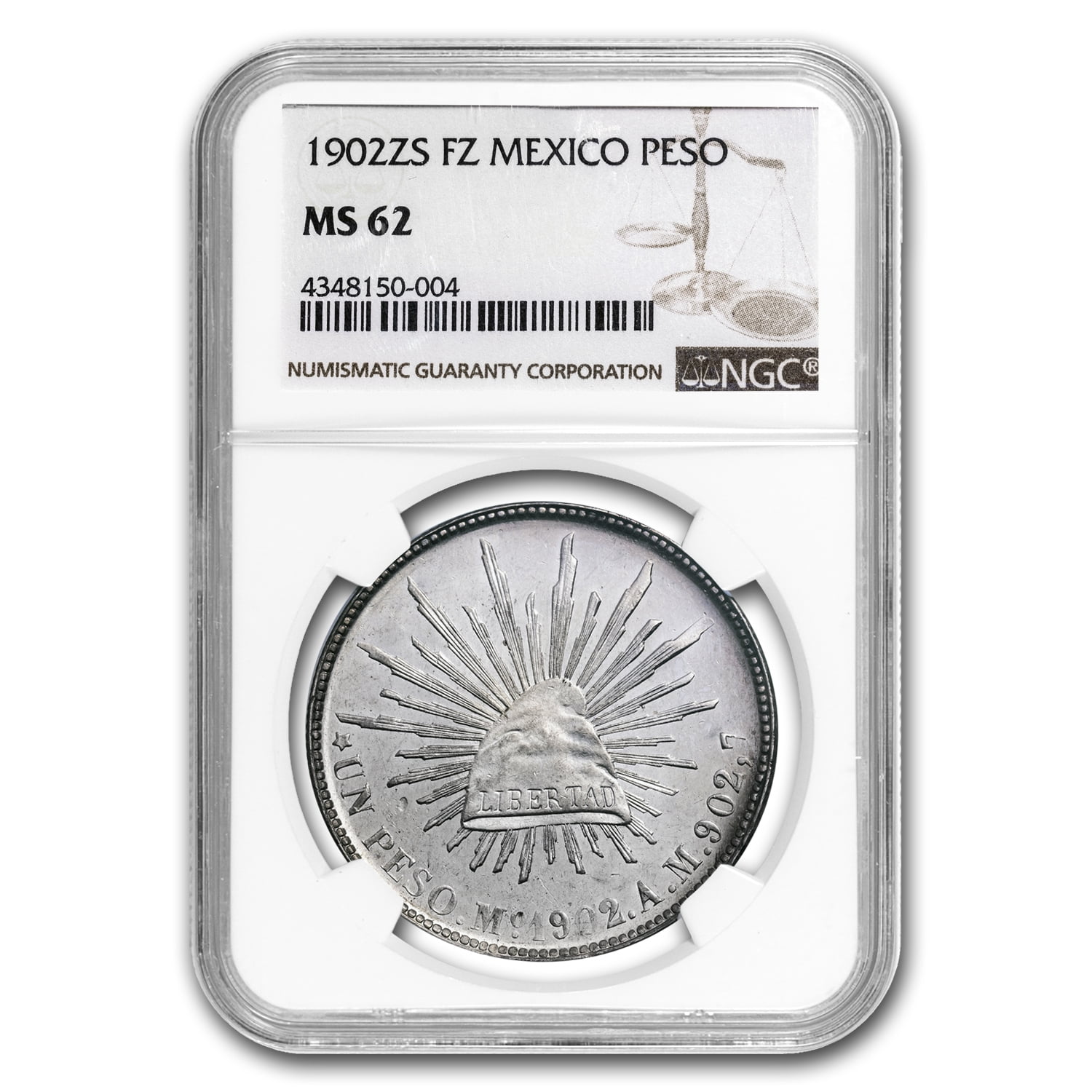 1902 Zs-FZ Mexico Silver 1 Peso Cap & Rays MS-62 NGC
