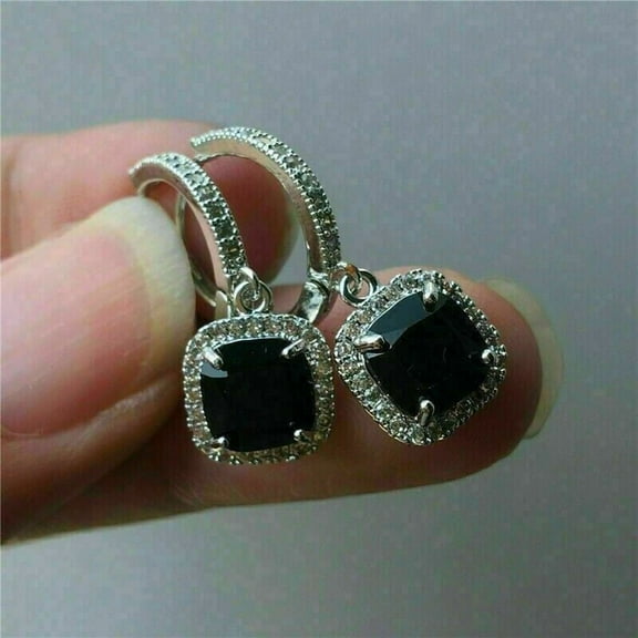 14K White Gold Plated 3.00CT Round Cut Lab Created Black Diamond Drop & Dangle Earrings For Women's