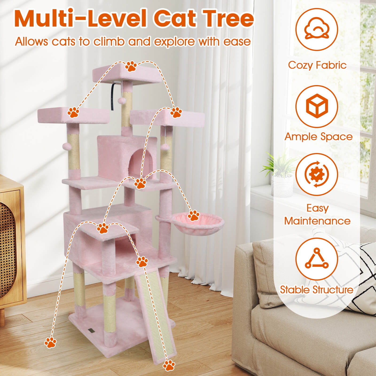 Costway 65” Tall Multi-level Cat Tree with 3 Upholstered Top Perch 2 Cat Condos Cat Basket Pink