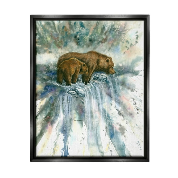 Two Bears Waterfall Nature Animals & Insects Graphic Art Jet Black Framed Art Print Wall Art