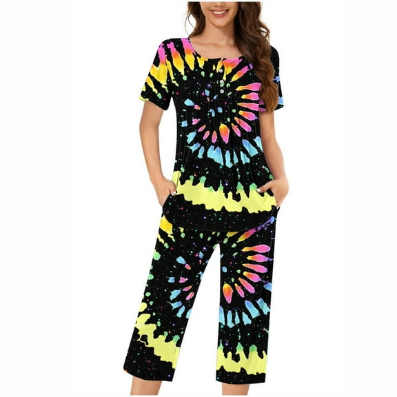 Dazajoo Womens Plus Size Pajamas Set,Women's Capri Pajama Sets Trendy Tie Dye Short Sleeve Sleepwear Top and Capri Pants 2024 Fall 2 Piece Loungewear with Pockets,Black,XXL