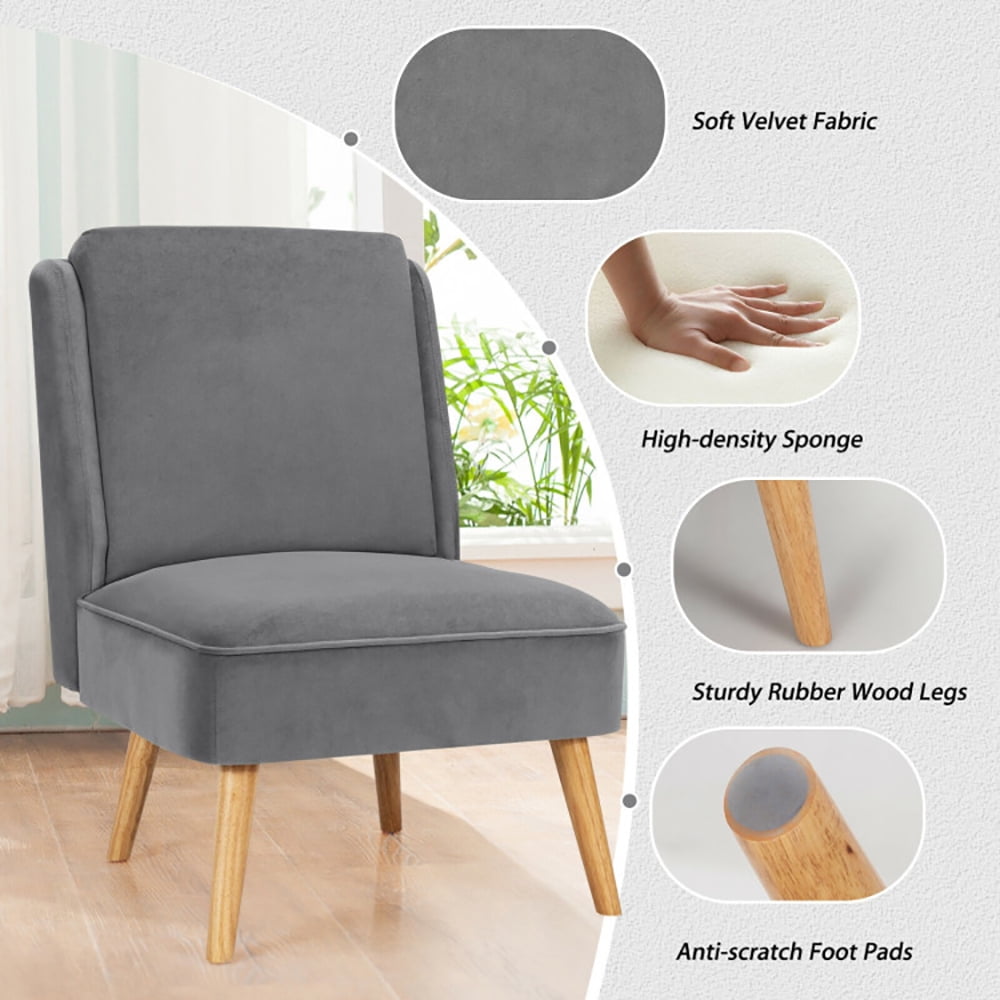 Finihen Velvet Accent Chair, Velvet Accent Armless Side Chair with Rubber Wood Legs, for Living Room, Bedroom, Gray