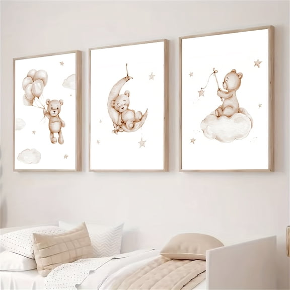 3pcs Adorable Teddy Bear Canvas Art Prints - Stars, Clouds, Balloons & Moon Design, Frameless Modern Bohemian Wall Decor for Nursery, Bedroom, Room, Nursery Wall Decor|Whimsical Room Decor|Frameless
