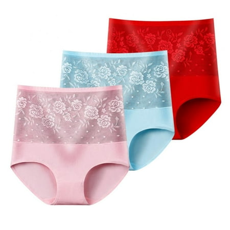 

Women s Briefs Underwear Cotton High Waist Tummy Control Panties Rose Full Coverage Ladies Panty(3-Packs)