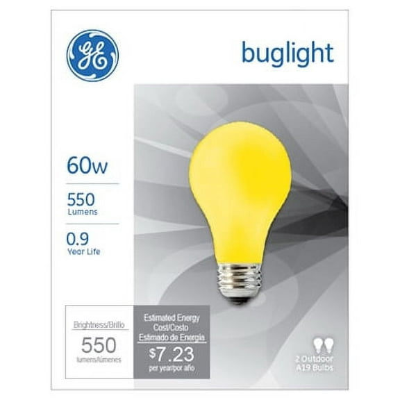 GE 60A/Y 2 Pack 60W Yellow Bug Light Bulb A-Line A-19, Each
