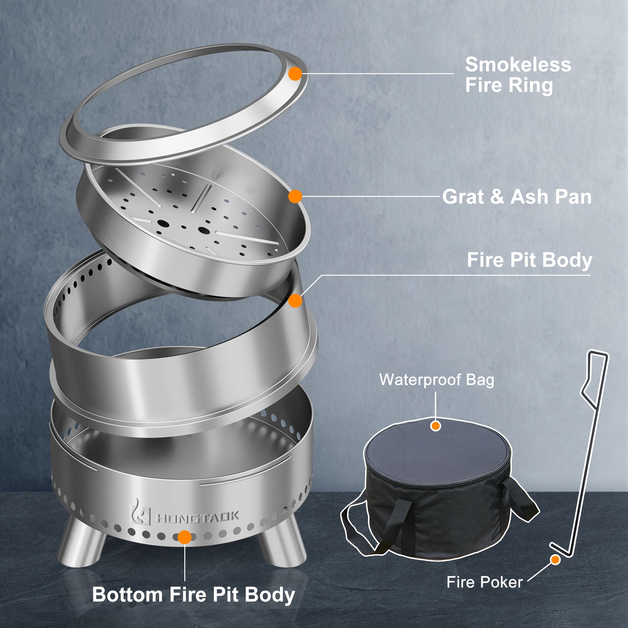 Hongtaok 20 inch Portable Smokeless Fire Pit Outdoor, Stainless Steel, Waterproof Cover and Poker Removable Ash Pan Included.