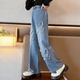 thumbnail image 6 of Virmaxy Solid Color Frayed Hem Butterfly Jeans Mid Elastic Waist Wide Leg Loose Casual Summer Outerwear Denim Pants for 5-15 Years Blue, 6 of 9
