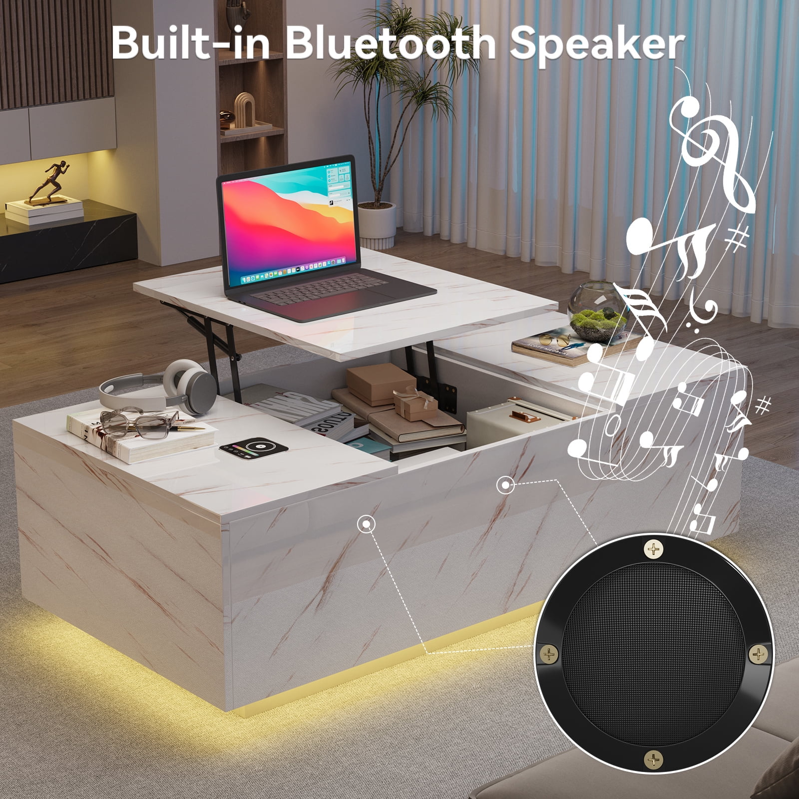 Hommoo Coffee Table with Storage and 24-Color LED Lights, Wooden Faux Marble Console Table, Wireless Charging and Bluetooth Speaker, Black