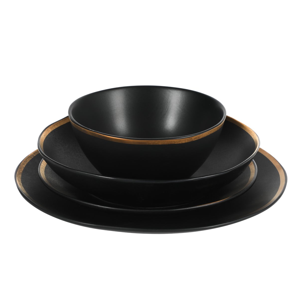 Gibson Elite Kings Road Double Plates and Bowl Organic Round Porcelain Dinnerware Set - Matte Black w/ Gold Rim