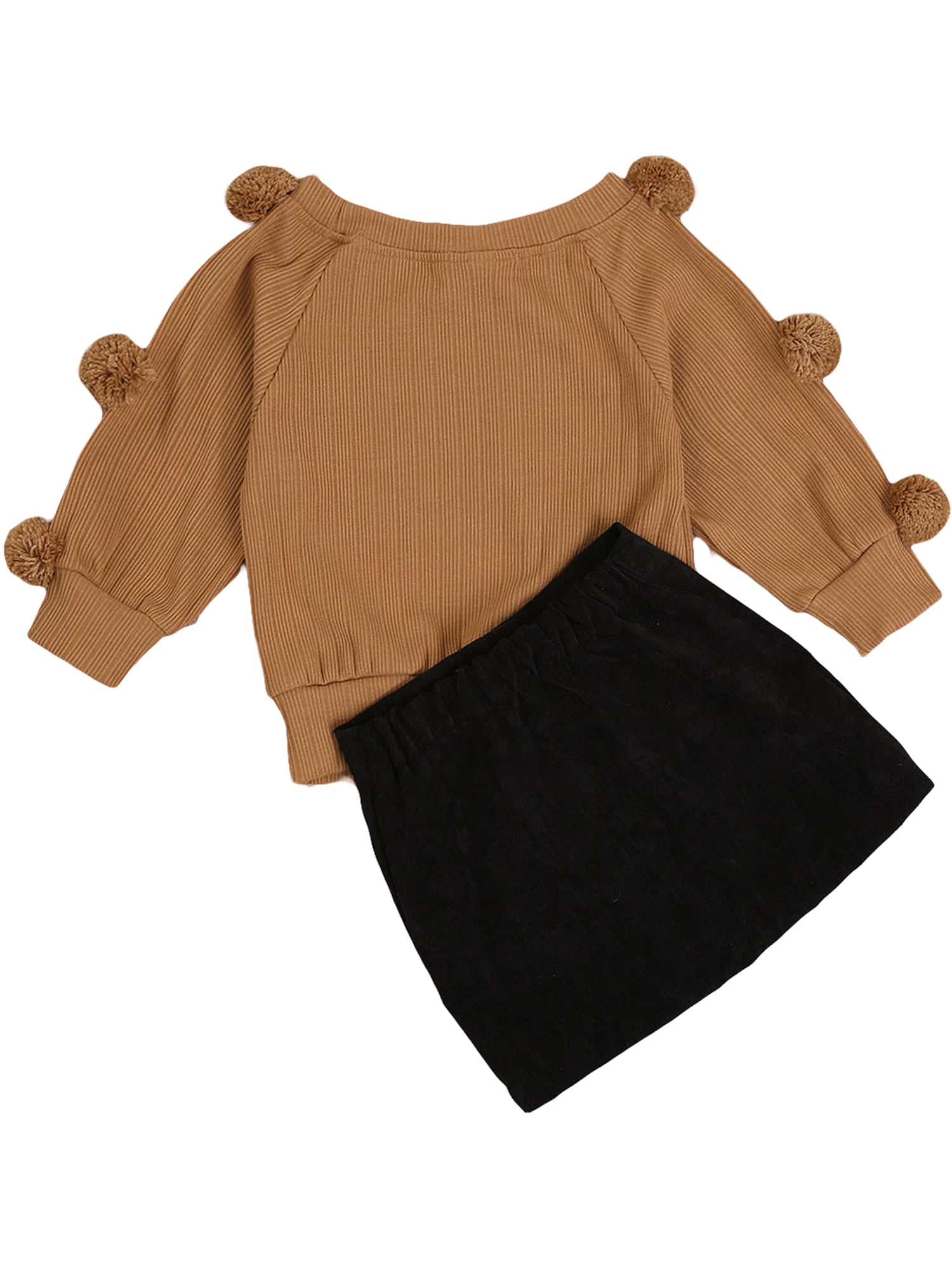 2Pcs Toddler Baby Girl Fall Winter Clothes Pompom Knit Sweater Long Sleeve T-Shirt Tops Button Mini Skirt Outfits