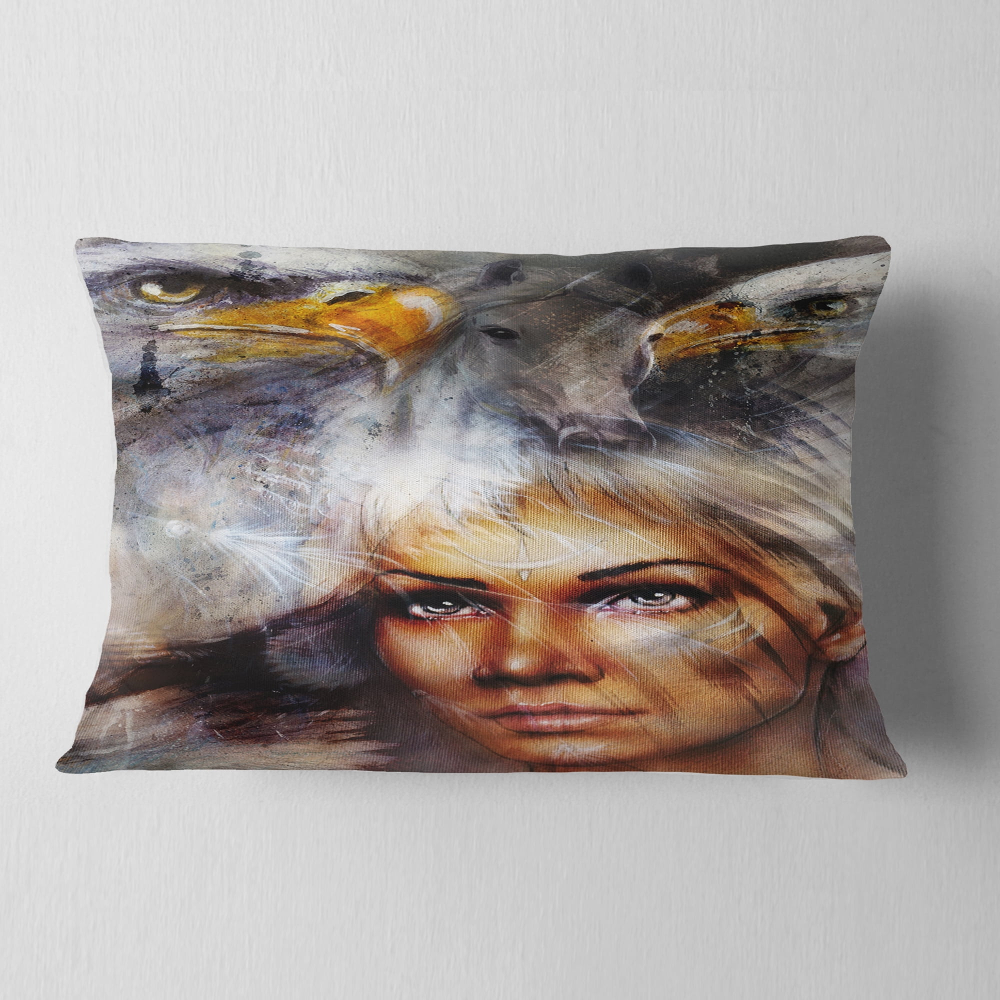 Designart Woman with Flying Eagles - Portrait Throw Pillow - 12x20