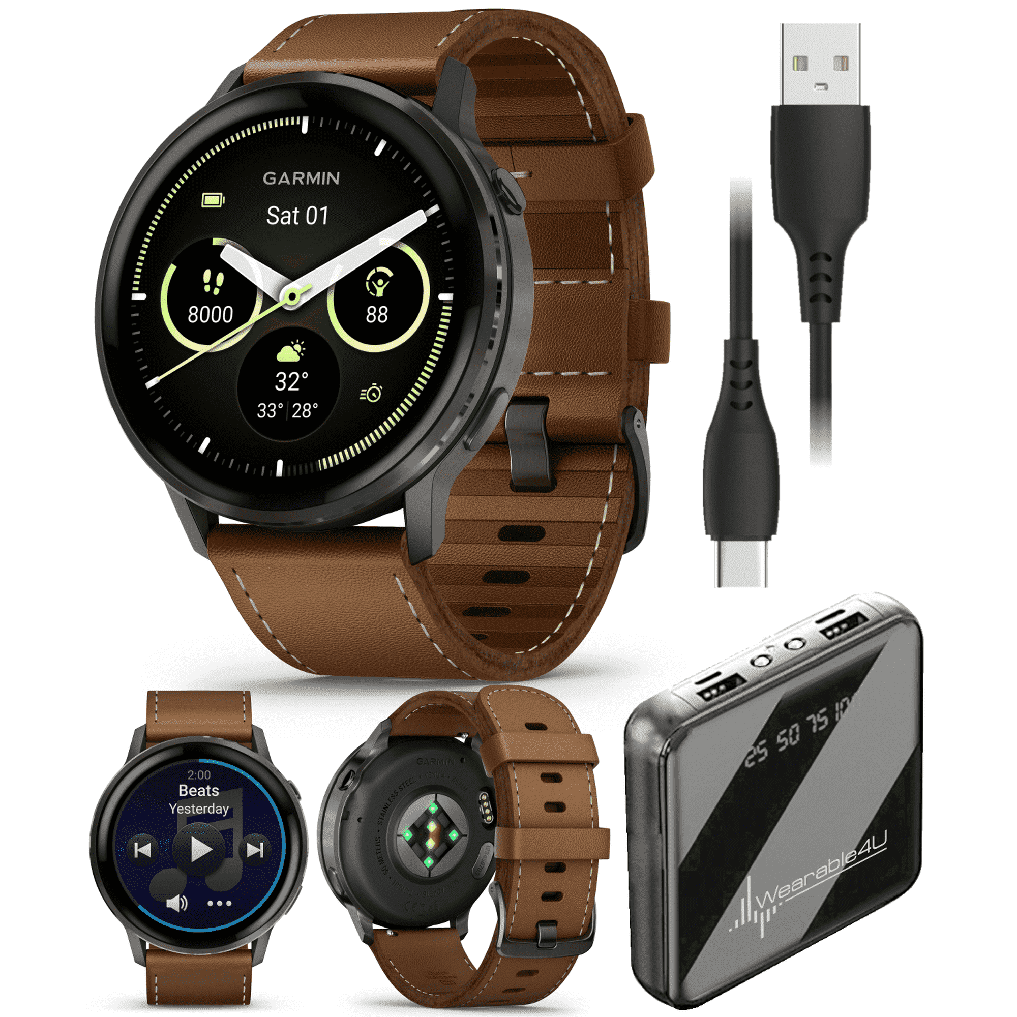 Garmin Venu 4 - 45mm AMOLED Advanced Health & Fitness GPS Smartwatch, Colorful Display, Flashlight, Up to 12 Days Slate w/Black Silicone & Brown Leather Bands w/Wearable4U PowerBank Bundle