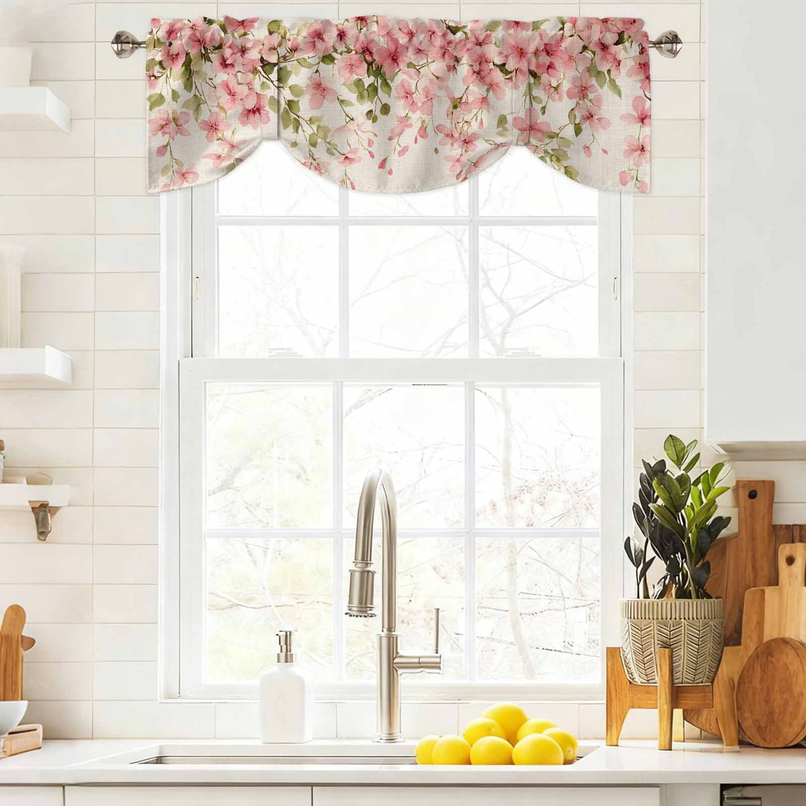 Spring Floral Tie Up Valance for Windows, Pink Flowers Green Leaves Linen Texture Adjustable Rod Pocket Tie Up Valance Curtains Window Treatment for Kitchen Bathroom Bedroom 60 X 18 Inch